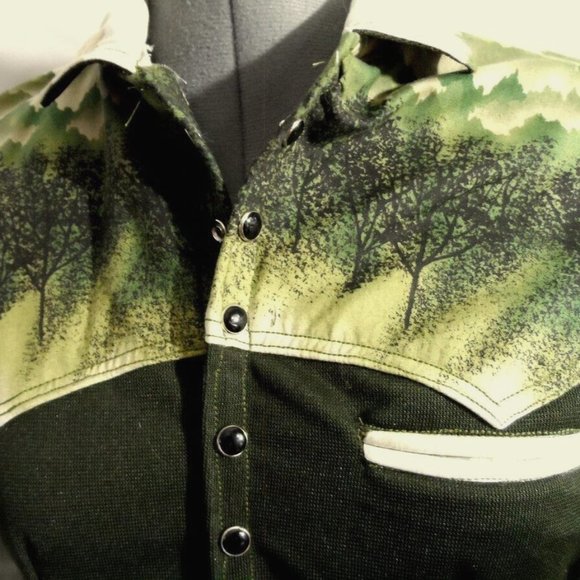 Western Snap up Shirt Jacket XS Olive green Trees moss woods design Overcoat - Picture 5 of 8